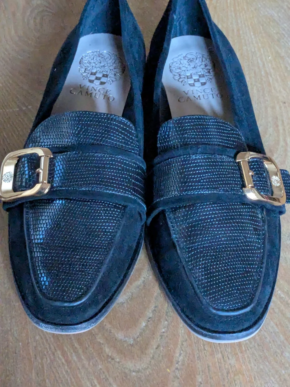 Vince Camuto Cenkanda Black Suede Loafers with Gold Buckle Size 6.5